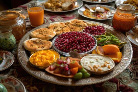 a food plate offered at iftar during the Ramadan holy month. Generative AI