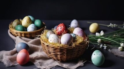 Generative AI. Easter eggs basket in pastel color with flowers on a wooden background. flatlay composition. Horizontal illustration.