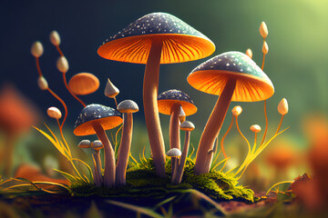 Fototapeta premium Daytime closeup of a Chlorophyllum molybdites fungus growing in a field. Generative AI