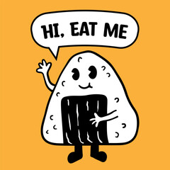 cute onigiri. rice ball wrapped in nori with bubble text above