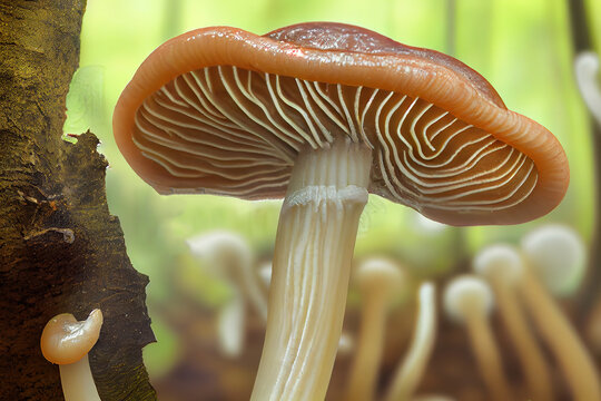 Close-up of overflowing slimy stem Limacella illinita mushroom growing in forest. Generative Ai