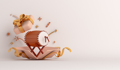 Islamic decoration background with bedug drum, opened gift box, confetti, ramadan kareem, mawlid, iftar, isra  miraj, eid al fitr adha, muharram, copy space text area, 3D illustration.