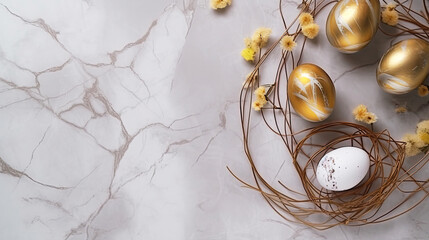 Generative AI. A basket with golden Easter eggs with flowers on a white marble background. Copying space. View from above. flatlay composition. Horizontal illustration.