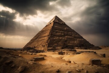 Fototapeta na wymiar At dusk, one of the Giza Pyramids in Cairo, Egypt The Pharaohs constructed it as a tomb and route to the afterlife, where they imagined becoming Gods. Generative AI