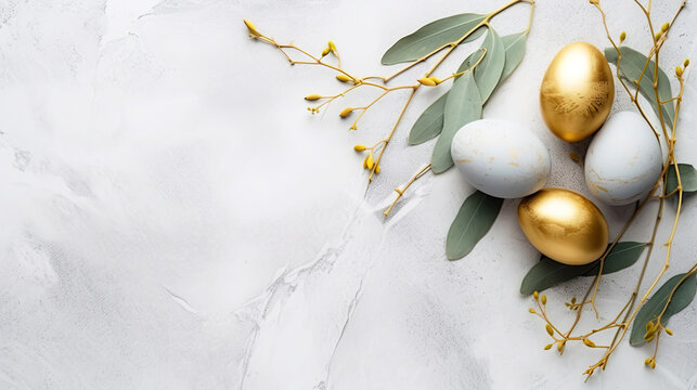 Generative AI. Flatlay Composition Golden Easter Eggs With Flowers On A White Marble Background. Copying Space. View From Above. Horizontal Illustration.