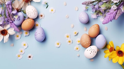 Fototapeta na wymiar Generative AI. Pastel Easter eggs with flowers on a delicate background. flatlay composition. Horizontal illustration.