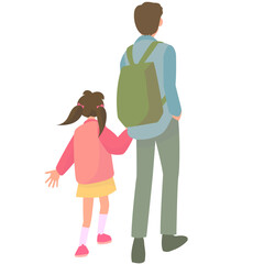 手をつないで歩く女の子と若い父親の後ろ姿 - obrazy, fototapety, plakaty