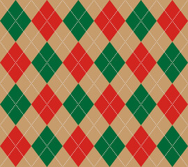 赤、緑、ベージュのアーガイル柄　シームレスパターン