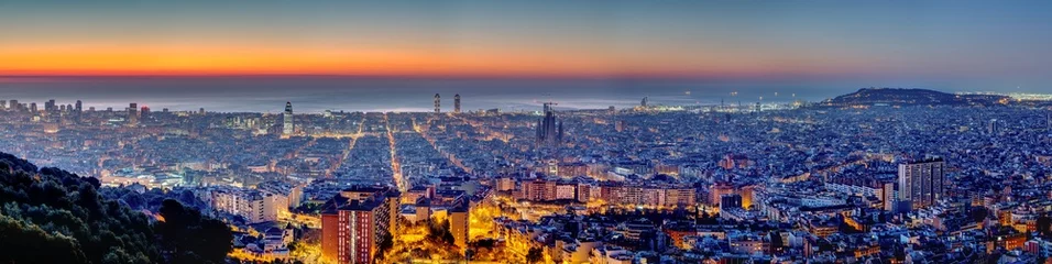 Stoff pro Meter Panorama of Barcelona in Spain at dawn © elxeneize