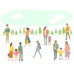 春イメージの背景と歩く人々