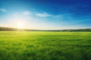 Obraz premium Background of a summer landscape with a green grass field and blue sky. Generative AI