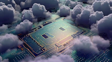 A computer circuit board surrounded by clouds in the sky with a bright light shining on it's surface - generative AI