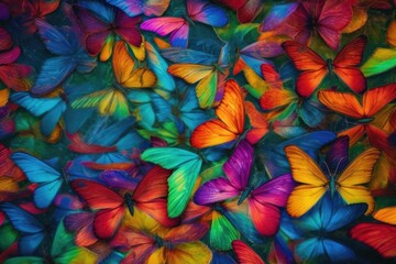 Obraz premium Colors of rainbow. Pattern of multicolored butterflies morpho, texture background. Generative AI