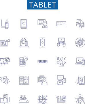 Tablet line icons signs set. Design collection of Tablet, iPad, Android, Samsung, Fire, Windows, Kindle, Computer outline concept vector illustrations