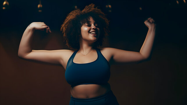 Excited woman moving her fit and curvy body in a fun dance workout