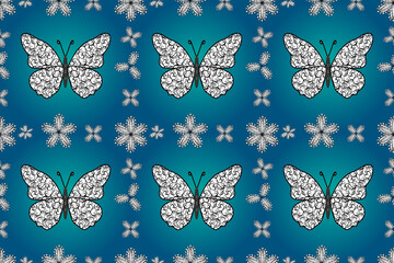 Seamless pattern with interesting doodles on colorfil background. Pano. Raster illustration.