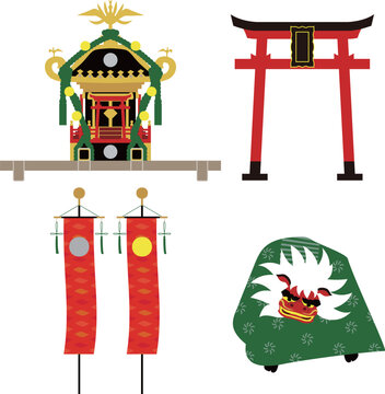 日本のお祭りの素材。鳥居・日月旗・神輿・獅子舞のイラスト