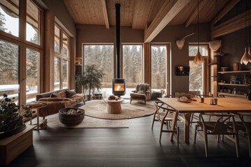 cozy warm home interior of a chic country chalet with a huge panoramic window overlooking the winter forest. open plan, wood decoration, warm colors and a family hearth. Generative AI