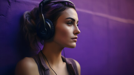 beautiful woman listening to music with headphones, on a purple background