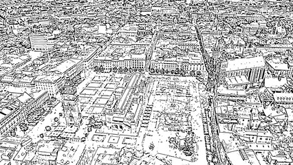 Sketch doodle style. Krakow, Poland. Main Square. Big city square of the 13th century. View of the historic center, Aerial View  