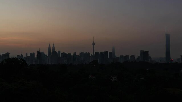 Timelapse sunrise time landscape view of kuala lumper city center klcc skyline with many highrise skyscraper office financial uilding tower in financial district