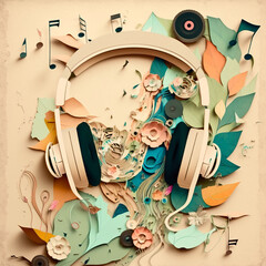 Fototapeta na wymiar Paper collage with images of headphones, flowers, music, disks, notes in retro style. Generative ai