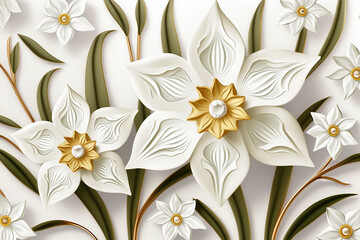 Ornament of large flowers and leaves of daffodils on a white background. Postcard, poster, wallpaper.   Generative AI.
