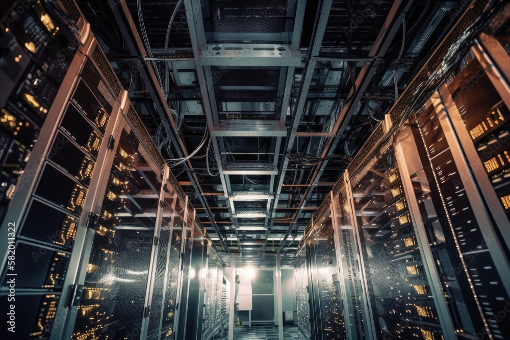 Poster datacenter server technology, bottom view with depth of field. generative ai