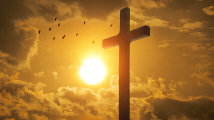 Good Friday concept. Cross in arm on sky background.