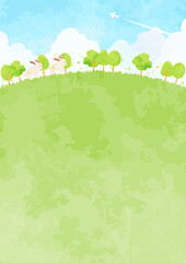 可愛いウサギと緑の丘の風景イラスト