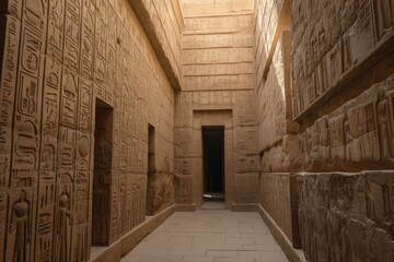 Ancient Egyptian temple's external walls have engravings in the form of hieroglyphs. Generative AI