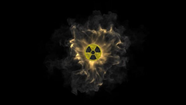 radiation sign on the background of fire , smoke and explosion. Illustration on the theme of the danger of nuclear war. 4k rendered with alpha channel.
