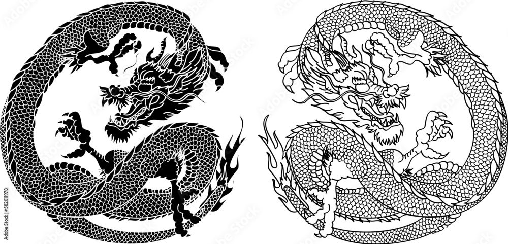 Wall mural traditional japanese dragon with cherry blossom and wave for tattoo design.hand drawn chinese dragon