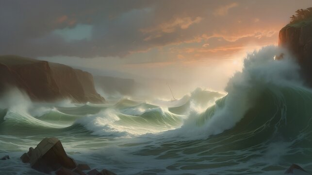 "Turbulent Seas": a painting of crashing waves and stormy skies, conveying a sense of tumultuous emotion and uncertainty, Generative AI, Illustration
