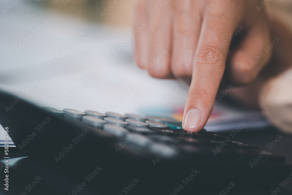 Poster Businessman use calculator to calculate documents, profit and loss statement review concept of company performance, effective tax deduction planning for individuals and companies paying tax rates.