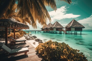 A luxurious hotel near a blue sea and a seascape with palm tree leaves and water villas. beach umbrellas, beds, and chairs. Holiday and summer vacation, beach resort on a tropical island. Generative