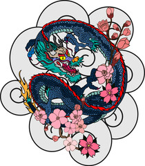 Traditional Japanese dragon with cherry blossom and wave for tattoo design.Hand drawn Chinese dragon for printing on shirt.Beautiful line art of dragon vector for painting on white isolated background