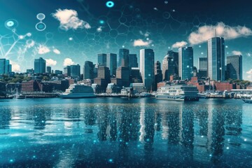 Naklejka premium Daytime panorama of Boston Harbor in Massachusetts. Downtown financial. Conceptual hologram of artificial intelligence robots, neural networks, machine learning, and business. Generative AI