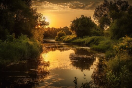 At sunset, a lovely summer landscape features a tranquil river. Generative AI