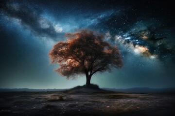 Obraz na płótnie Canvas A single tree with beautiful space background. Generative AI