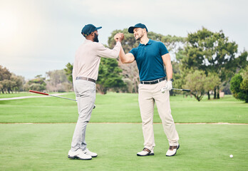 Friends, men and shaking hands on golf course for sports, trust or partnership on grass field...