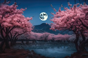 Before dawn, a full moon and cherry blossoms illuminate the night sky. Generative AI
