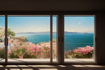 Fototapeta na wymiar Mediterranean balcony with amazing view seen from picturesque cute window. Generative AI illustration