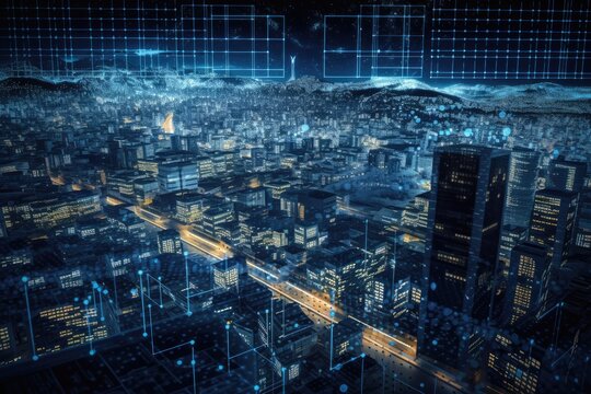 A business data analytical interface flying over a smart city demonstrates how business intelligence will change in the future. Big data analysis for strategic planning is done with the aid of compute