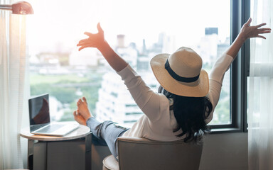 Work-life balance, summer holiday vacation concept with happy woman taking a break, celebrating...