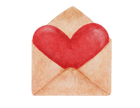 Valentine Red Heart in love mail cartoon watercolour hand painting 
