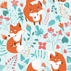Garden flower, plants, botanical, seamless pattern vector design with cute foxes for kids, fabric, wallpaper and all prints on green mint background color. Cute pattern in small flower. Small spring, 