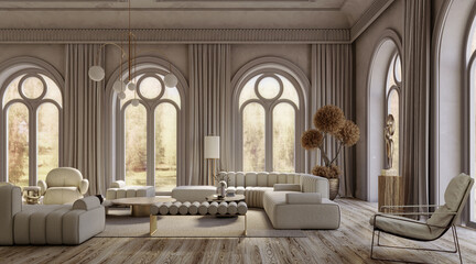 Living room interior with arch windows, 3d render 