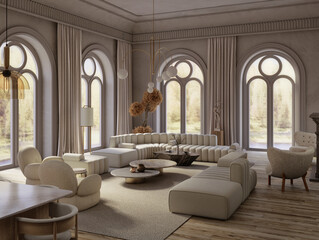 Living room interior with arch windows, 3d render 