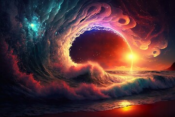 A magical wave at sunset glows with the eternal energy of the universe, surrounded by a nebula and stars in space.
